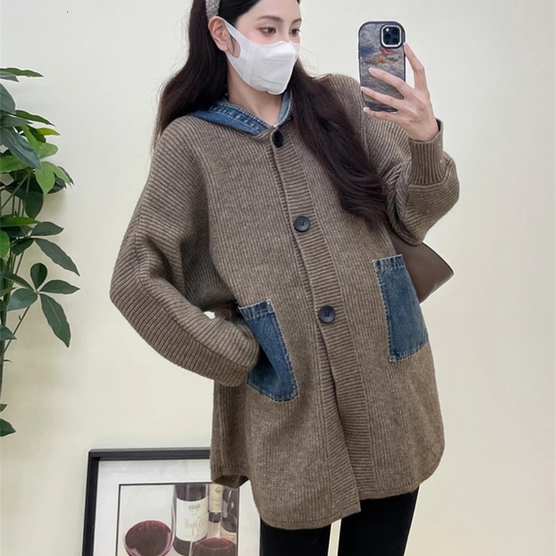 maternity coat hooded denim patch work sweater maternity loose cardigan wool sweater maternity coat fashionable autumn clothing 241126