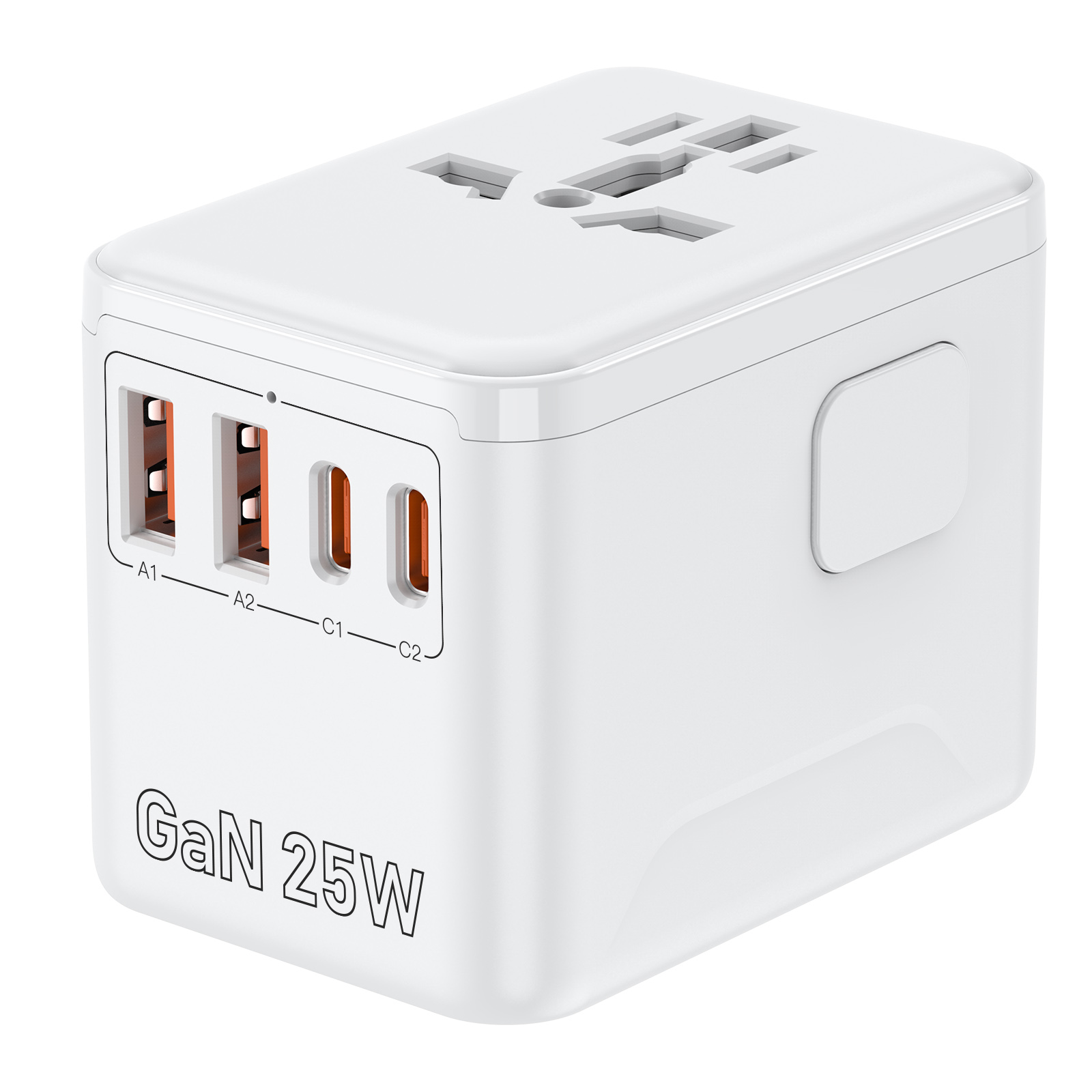 Universal Travel Adapter Fast Charging Travel Plug Adapter for US/EU/UK/AUS Powerful GaN Tech 25W Quick Charge Wall Charger with 2 USB A and 2 USB C O