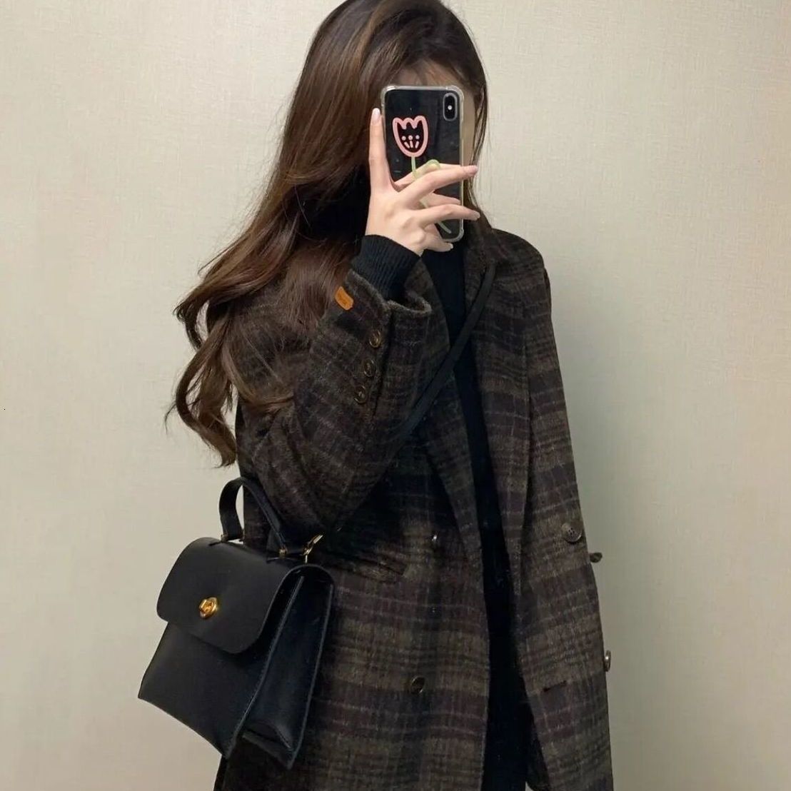 2025 Autumn/Winter New Korean Designer Jacket Coarse Wool Short Coat Thickened Slimming Multi fashion functional Wool Retro Checkered Sports Fashion L