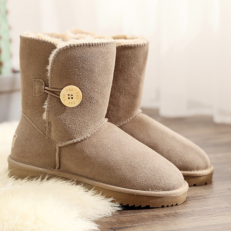 EBV designer shoes hot free shipping High quality cowhide bow snow boots genuine leather keep warm outdoor button cotton shoes for woman