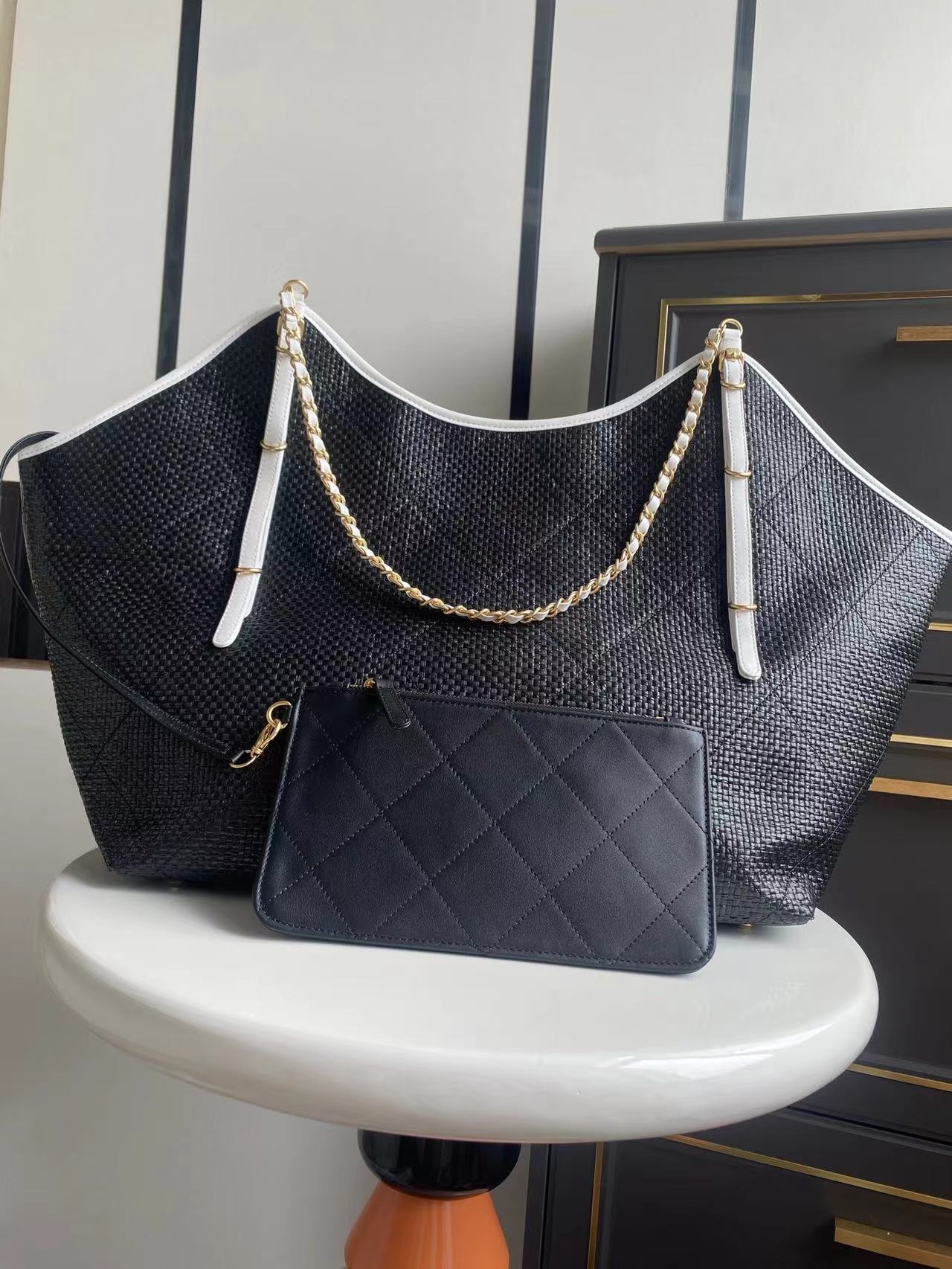 All-New Mirror Quality Designer Straw Tote Bags Large Capcity Shopping Bag Maxi Hobo Handbags for Women Shoulder Bag Black Purse with Small Pouch