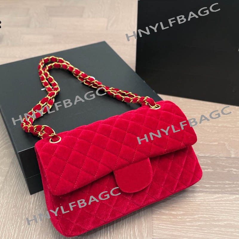 Women Designer Medium Velvet Shoulder Bag Classic Double Flap Golden Hardware Diamond Lattice Matelasse Chain Crossbody Tote Luxury Handbag Multi Colors 25cm