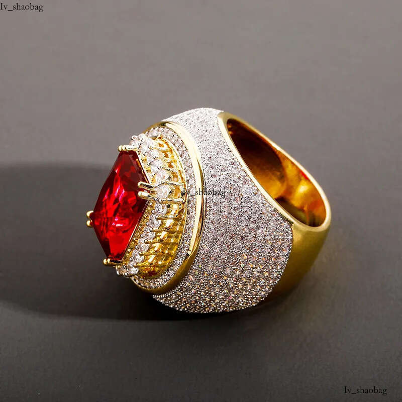 Luxurious Men's Gold Hip Hop Ring Jewelry Featuring Sparkling Dias and Rubies 825 aaa