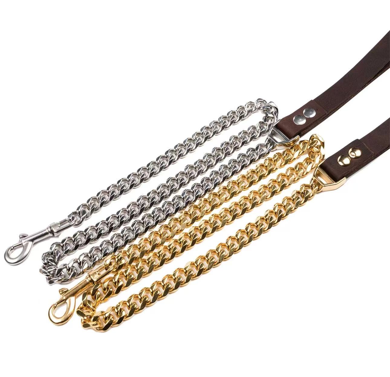 Dog Leashes Metal Chew Proof 14/19/32MM Heavy Duty Pet Leash Chain with Leather Padded Handle for Large Medium Small Dogs(Total Length of 2.4ft/3ft/4f