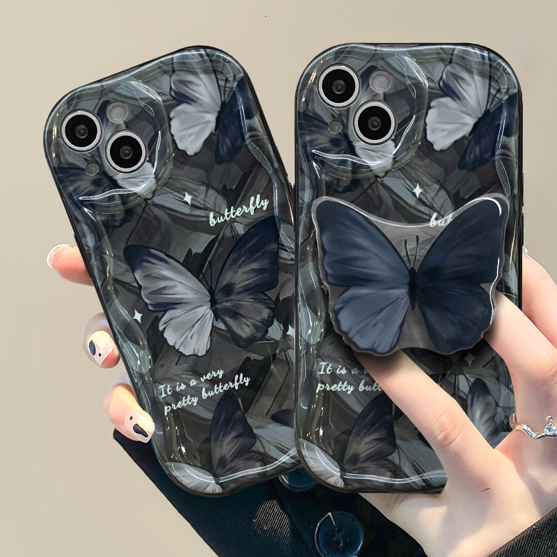 Black Butterfly Phone Case Compatible with iPhone 17 Pro Max , Cute Butterfly Kickstand Design, Slim Soft Silicone Butterfly Bracket Bumper Cover for 