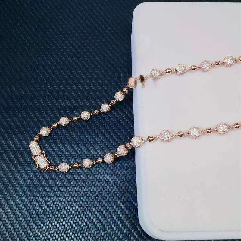 Customized 8mm Iced Out Hip Hop Chain Jewelry Sterg Sier Rose Gold Plated Vvs Moissanite Ball Bead Cuban Necklace