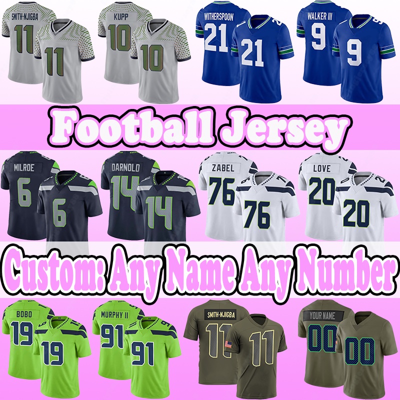 10 Cooper Kupp Football Jerseys 11 Jaxon Smith-Njigba 21 Devon Witherspoon 6 Jalen Milroe 14 Sam Darnold 9 Kenneth Walker III 76 Grey Zabel 19 Jake Bobo 20 Julian Love