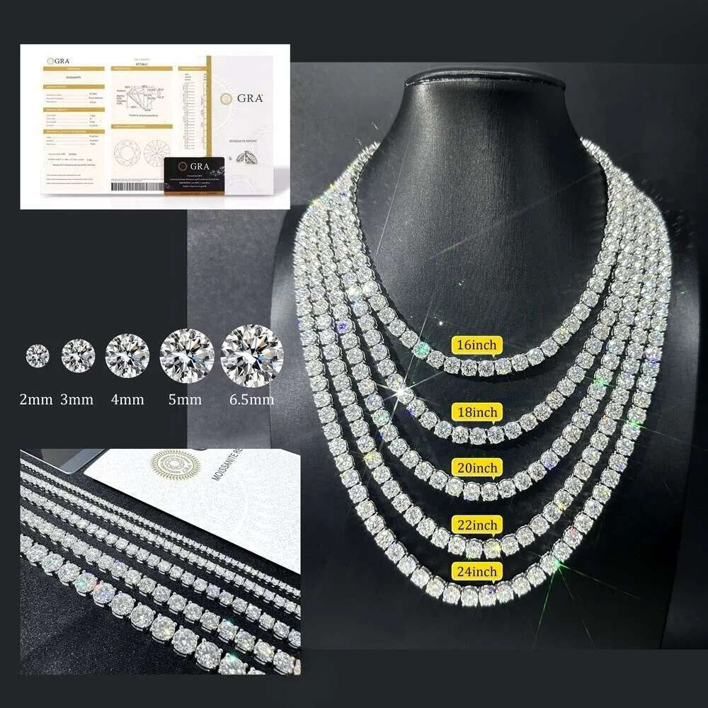 Hip-Hop Jewelry GRA Certificate S 3MM 4MM 5MM 6.5MM VVS D Color Dia Moissanite Tennis Chain Necklace