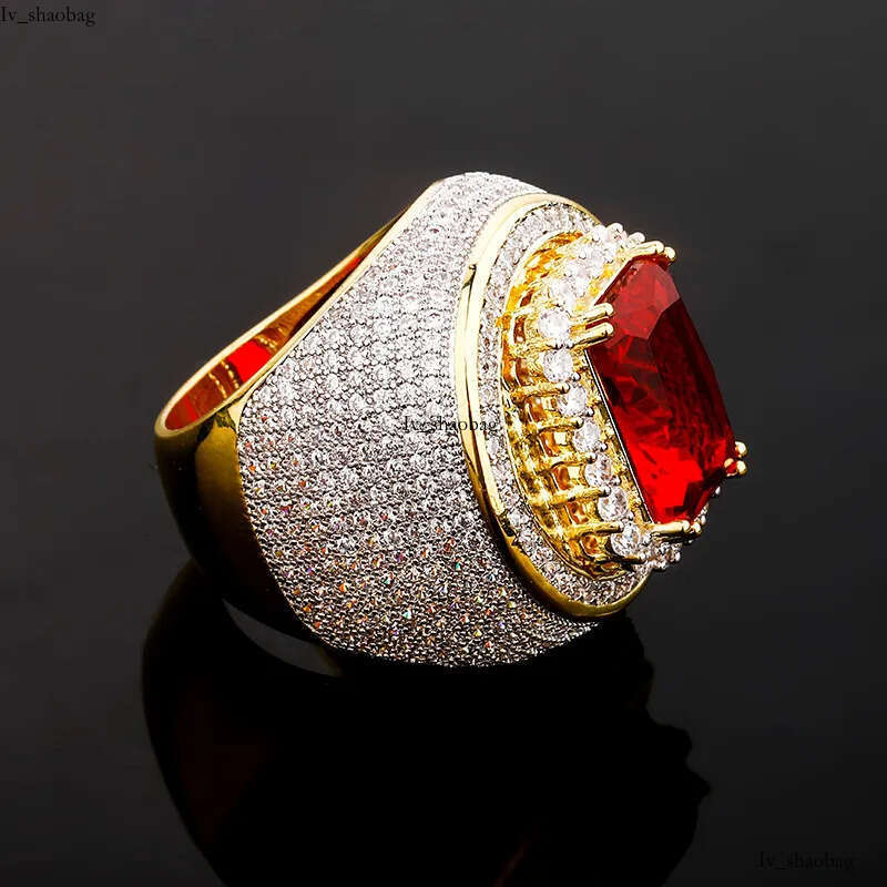 Luxurious Men's Gold Hip Hop Ring Jewelry Featuring Sparkling Dias and Rubies 825 aaa
