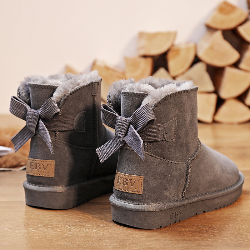 EBV designer shoes hot free shipping High quality cowhide bow snow boots genuine leather keep warm outdoor non slip thick cotton shoes for woman black