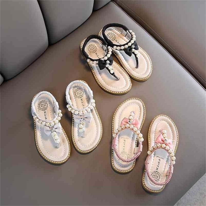 Summer girls pearl sandal baby girl bow princess slippers flip-flop beach shoes baby girl shoes 210701