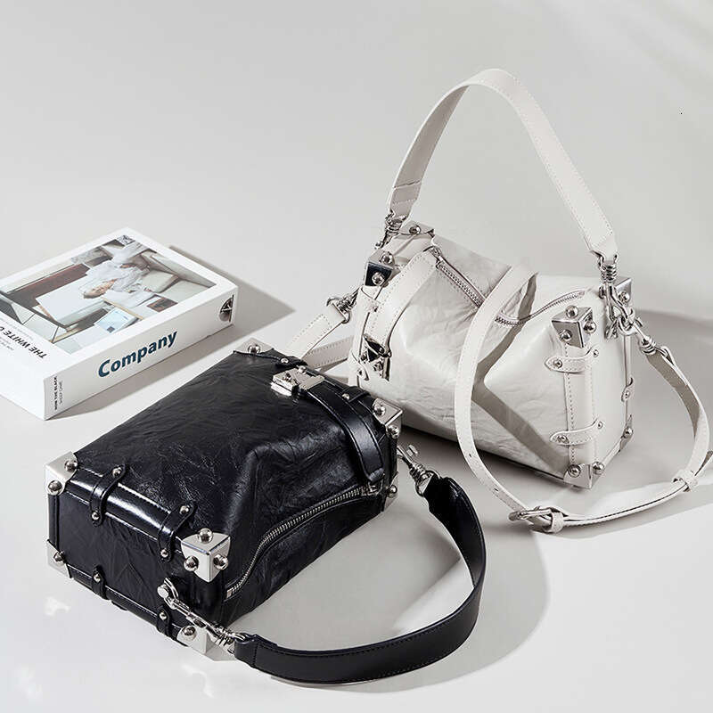 Luxury bag Women s Rivet Genuine Leather New Square Soft Box First Layer Lazy Style Crossbody Bag
