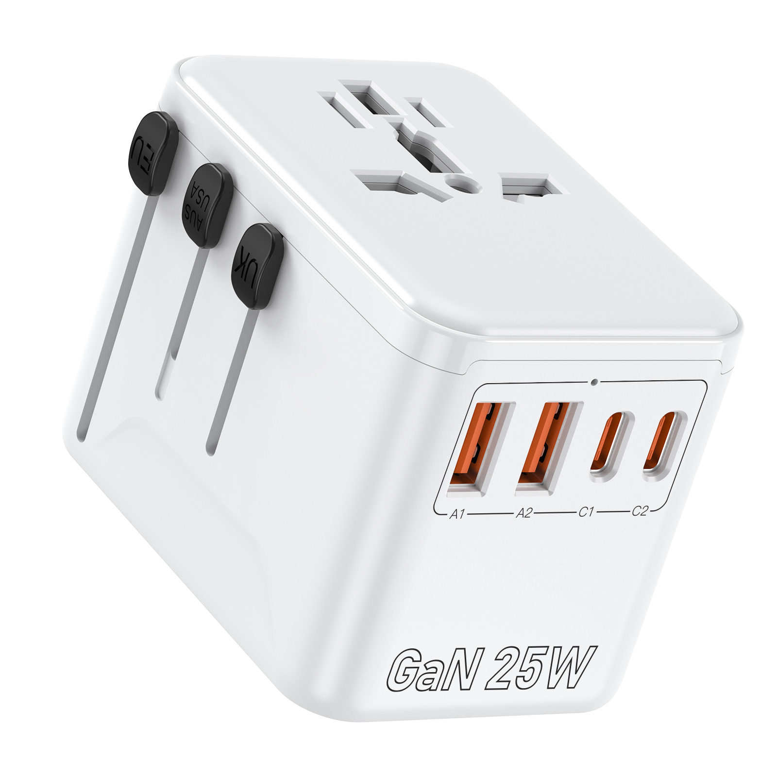 Universal Travel Adapter Fast Charging Travel Plug Adapter for US/EU/UK/AUS Powerful GaN Tech 25W Quick Charge Wall Charger with 2 USB A and 2 USB C O