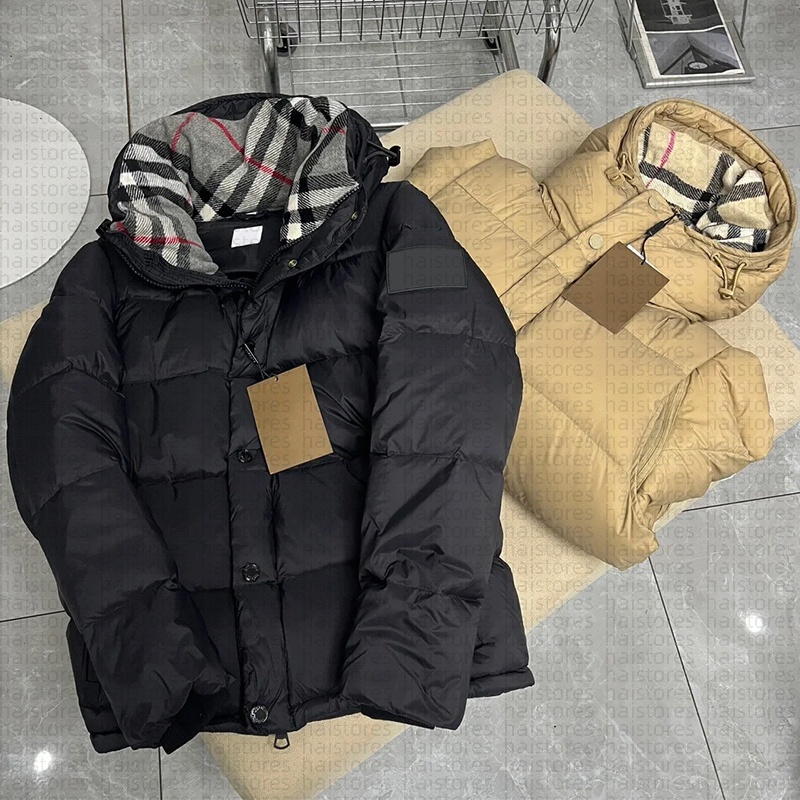 Mens Down Filled Puffer Coat with Plaid Lined Hood Warm Thickened Quilted Parka for Winter Outdoor Casual Trench Coat Style Jacket with Snap Button and Pockets