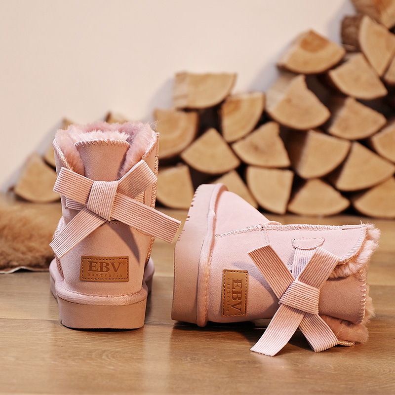 EBV designer shoes hot free shipping High quality cowhide bow snow boots genuine leather keep warm outdoor non slip thick cotton shoes for woman black