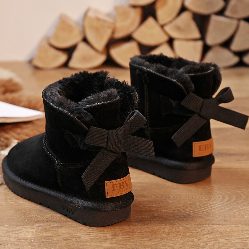 EBV designer shoes hot free shipping High quality cowhide bow snow boots genuine leather keep warm outdoor non slip thick cotton shoes for woman black