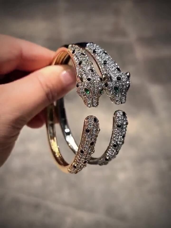 Luxury Brand Designer Jewelry European And American Fashion Domineering Copper Plated 18K Gold Inlaid Zircon Double-Headed Leopard Open Bracelet Leopa
