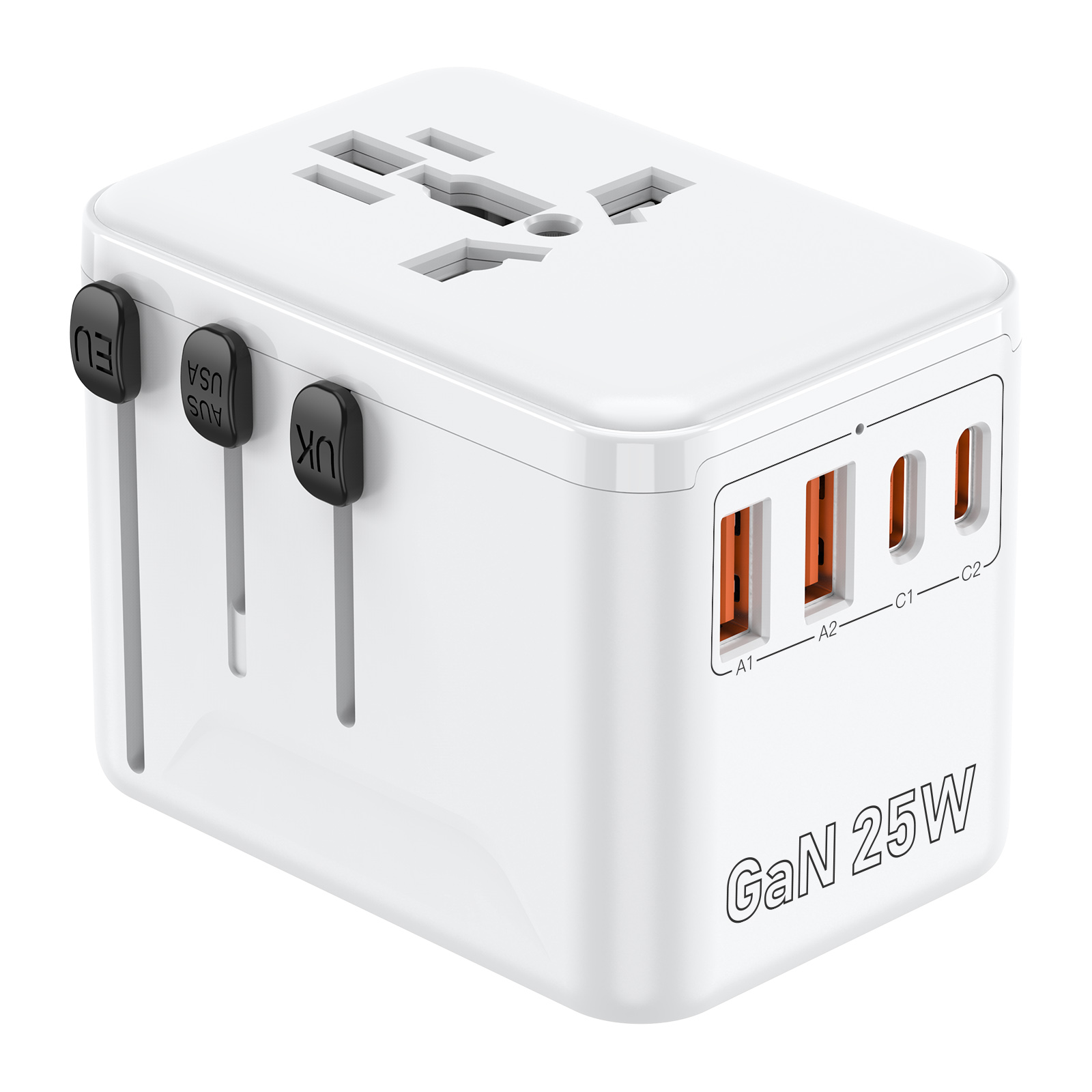 Universal Travel Adapter Fast Charging Travel Plug Adapter for US/EU/UK/AUS Powerful GaN Tech 25W Quick Charge Wall Charger with 2 USB A and 2 USB C O