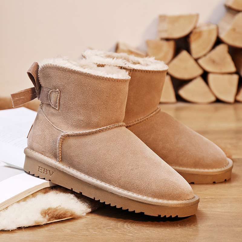 EBV designer shoes hot free shipping High quality cowhide bow snow boots genuine leather keep warm outdoor non slip thick cotton shoes for woman black