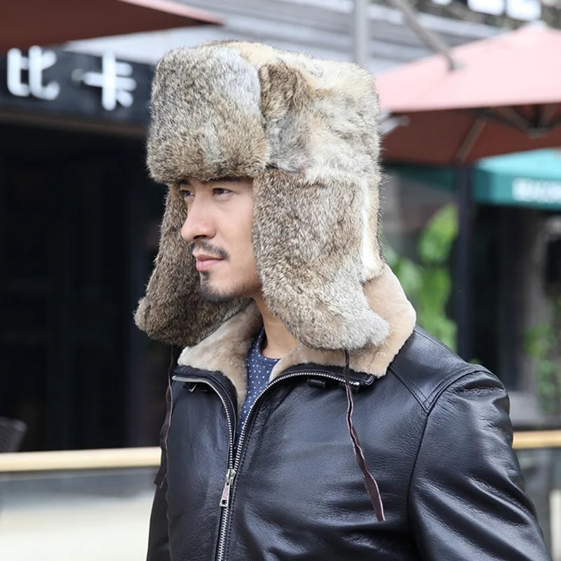 Real Rex Rabbit Fur Hat Mens Lei Feng Hat Winter Outdoor Thickened Warm Genuine Fur Hat Russian Natural Fur Ear Protection Hat 250930