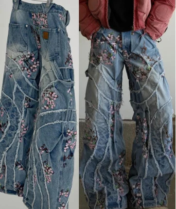 Retro blue jeans for men Y2K Harajuku Gothic cherry blossom embroidery splicing personalized n casual washing simple pants 250929