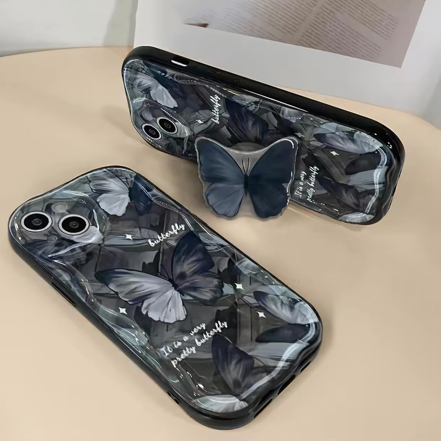 Black Butterfly Phone Case Compatible with iPhone 17 Pro Max , Cute Butterfly Kickstand Design, Slim Soft Silicone Butterfly Bracket Bumper Cover for 