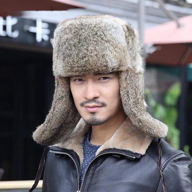 Real Rex Rabbit Fur Hat Mens Lei Feng Hat Winter Outdoor Thickened Warm Genuine Fur Hat Russian Natural Fur Ear Protection Hat 250930