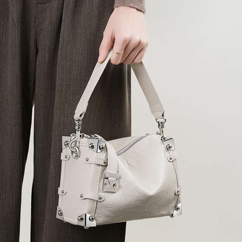 Luxury bag Women s Rivet Genuine Leather New Square Soft Box First Layer Lazy Style Crossbody Bag