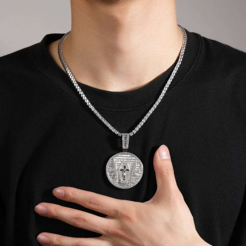 Hip Hop Jesus Cross Pattern Pendants Necklace TopBling White 5A Zircon Religious Jewelry