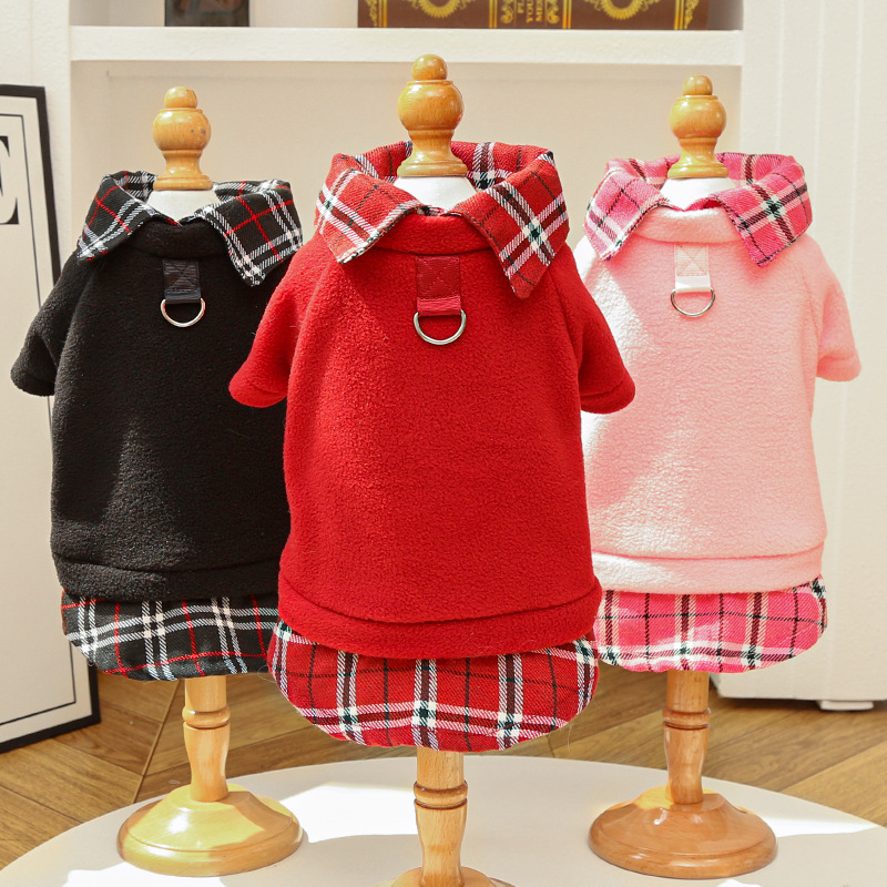 K3111 Wholesale New Plaid Dog Clothes, Winter Fleece Lined Pet Apparel for Small Medium Dogs, Preppy Style Cat Clothing Supplier
