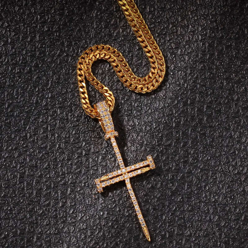 Hip Hop Nail Cross Pendant Necklace TopBling Religious Jewelry Full Cubic Zirconia Real Gold Plated