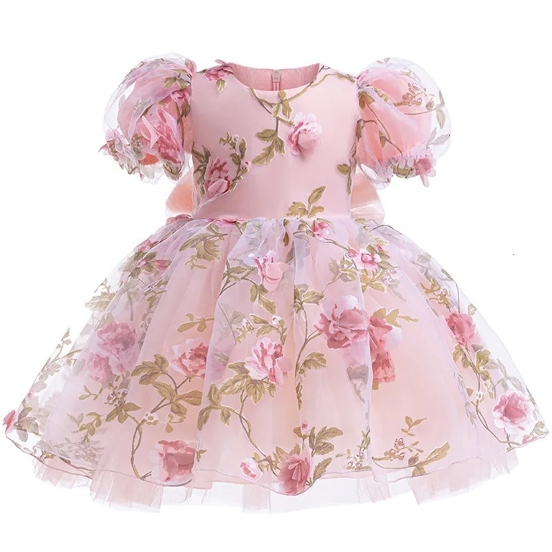 Rose Girls Dress Summer Mesh Fashion Bow Little Princess Baby Dress Christmas Birthday Gifts 1 2 3 4 5 6 Years Kids Clothes 240704