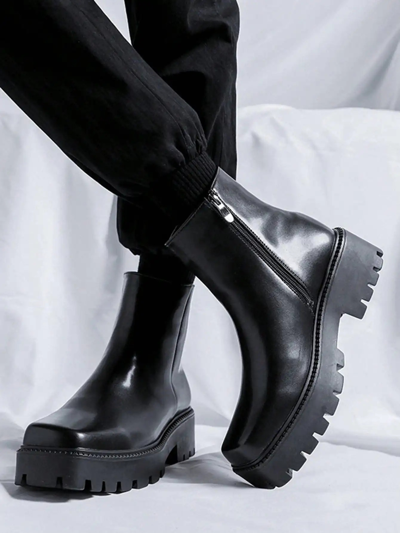 Mens Square Toe Thick Sole Side Zipper Chelsea Boots 251010