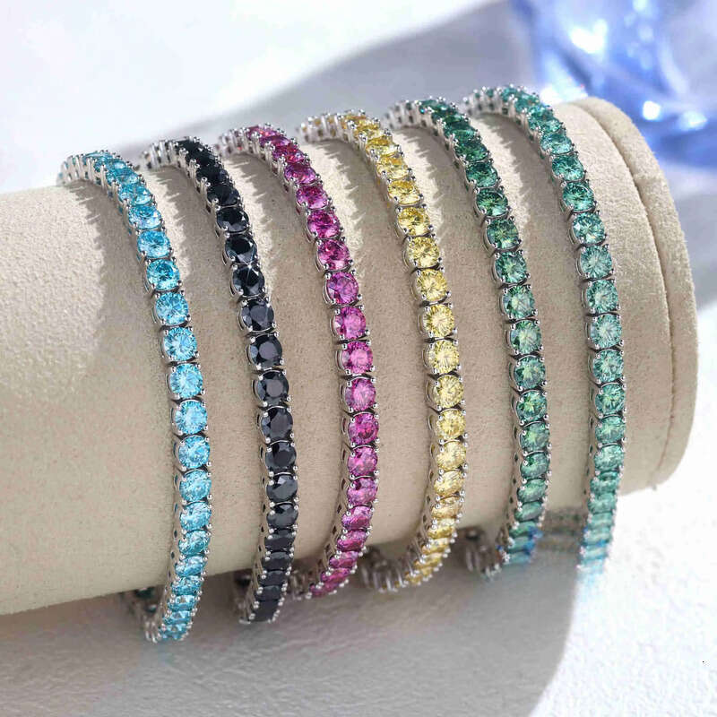 FancyJewelry Hip Hop Sterling Sier VVS Dia 3mm Moissanite Tennis Bracelet Black Blue Blue-Green Yellow Pink