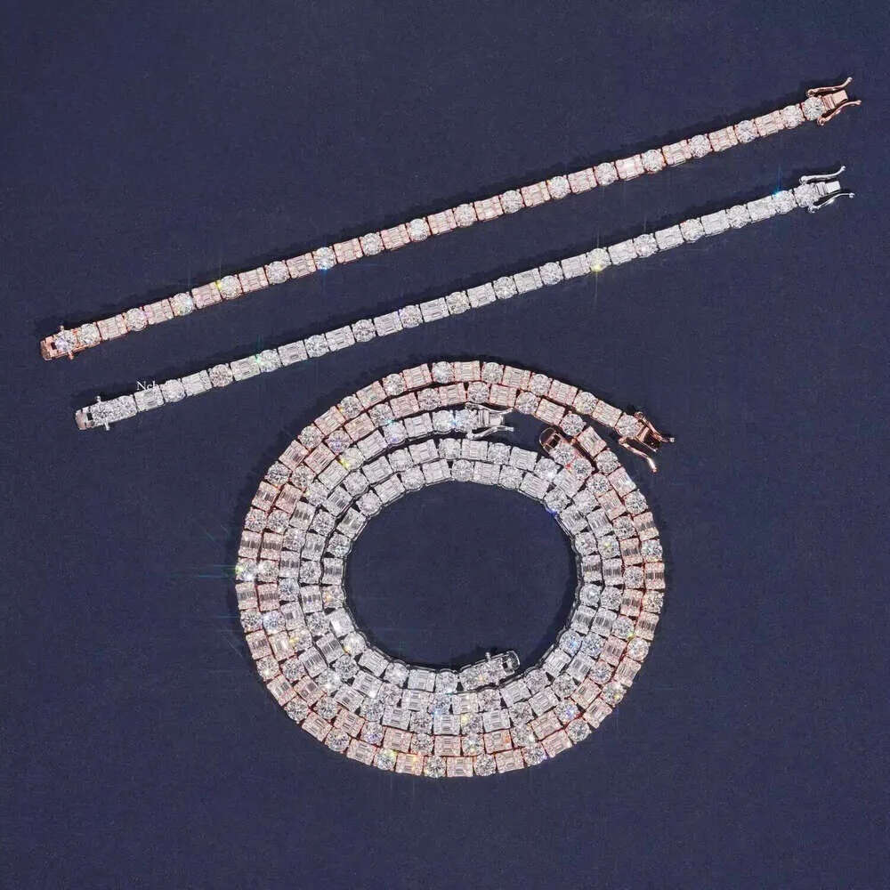 Iced Out Baguette Dia Sier Men Women Choker Trendy Moissanite Tennis Chain Necklace6mm