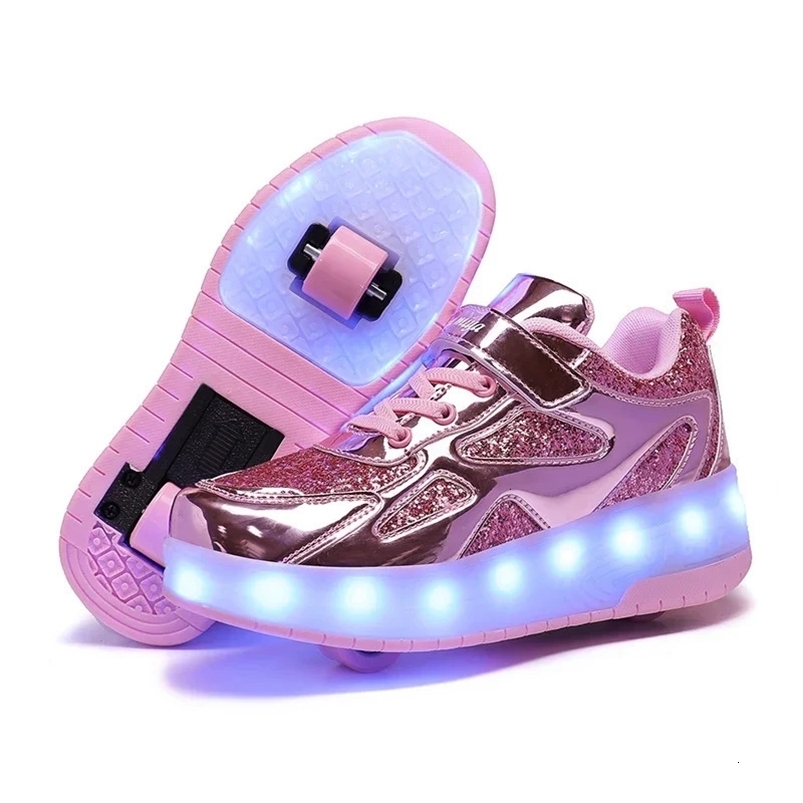 Childrens dual wheel luminous sports shoes pink LED light heel roller skating shoes childrens LED shoes boys USB charging 250403