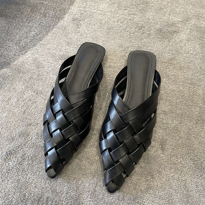 Instant Dispatch Genuine Designer Shoe Leather Pointed Closed Toe Hollow Woven Half Slippers Women Flat Mules Sandals