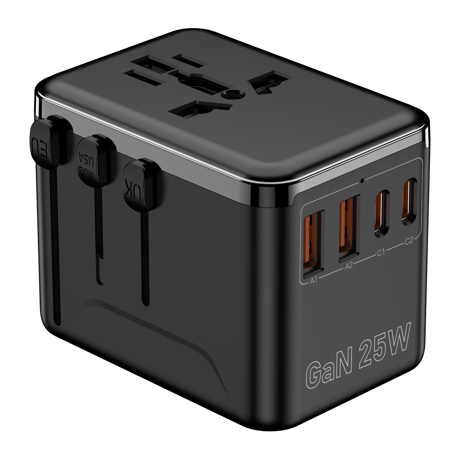 Universal Travel Adapter Fast Charging Travel Plug Adapter for US/EU/UK/AUS Powerful GaN Tech 25W Quick Charge Wall Charger with 2 USB A and 2 USB C O
