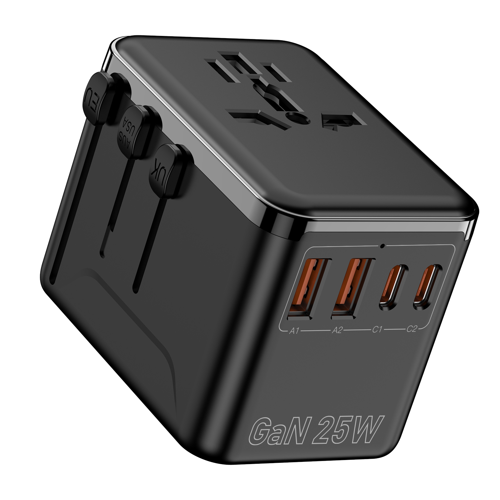 Universal Travel Adapter Fast Charging Travel Plug Adapter for US/EU/UK/AUS Powerful GaN Tech 25W Quick Charge Wall Charger with 2 USB A and 2 USB C O