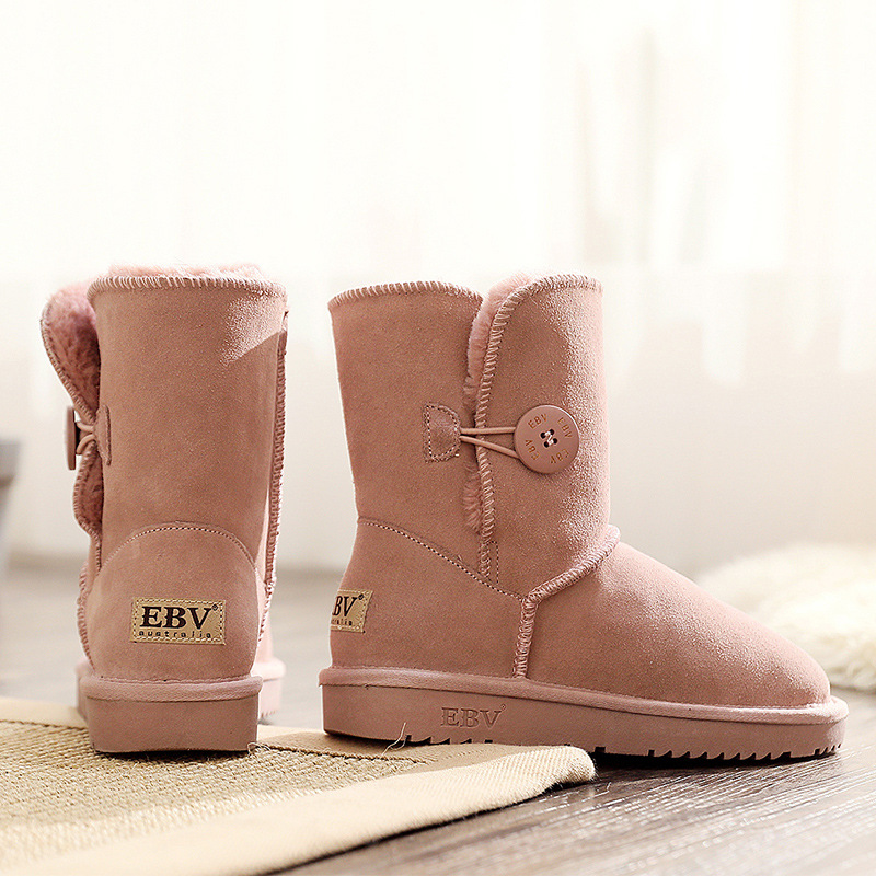 EBV designer shoes hot free shipping High quality cowhide bow snow boots genuine leather keep warm outdoor button cotton shoes for woman