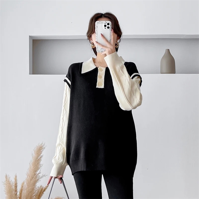 Winter Pregnant Womens Sweater Blocks Color Patching Work Collar Pregnant Womens Knitting Thread Fashion Pregnant Womens Knitting 241126
