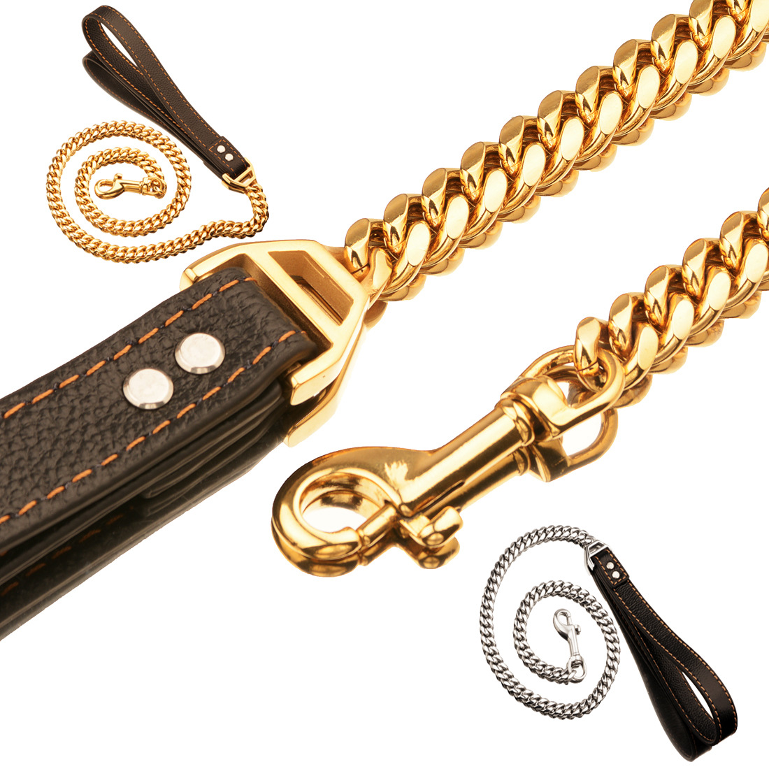 Dog Leashes Metal Chew Proof 14/19/32MM Heavy Duty Pet Leash Chain with Leather Padded Handle for Large Medium Small Dogs(Total Length of 2.4ft/3ft/4ft) Gold