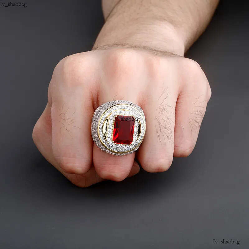 Luxurious Men's Gold Hip Hop Ring Jewelry Featuring Sparkling Dias and Rubies 825 aaa