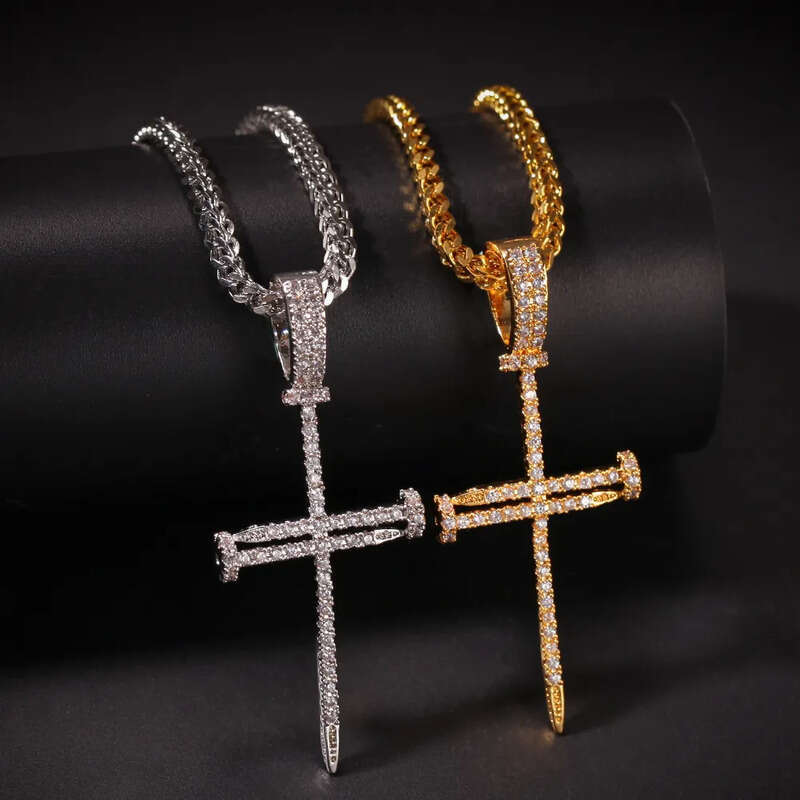 Hip Hop Nail Cross Pendant Necklace TopBling Religious Jewelry Full Cubic Zirconia Real Gold Plated