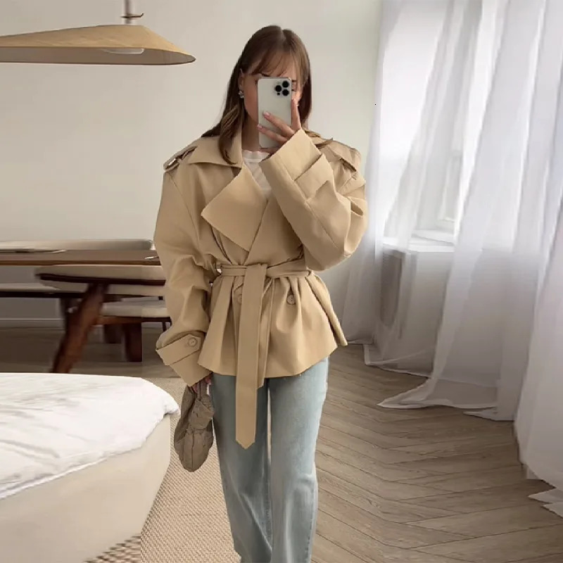 Womens Elegant Loose Lace Up Trench Coats Casual Solid Lapel Full Sleeves Jackets 2025 Autumn Lady High Street Outerwears 251028
