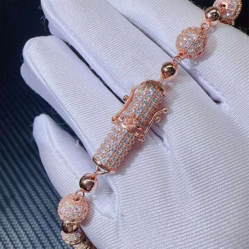 Customized 8mm Iced Out Hip Hop Chain Jewelry Sterg Sier Rose Gold Plated Vvs Moissanite Ball Bead Cuban Necklace