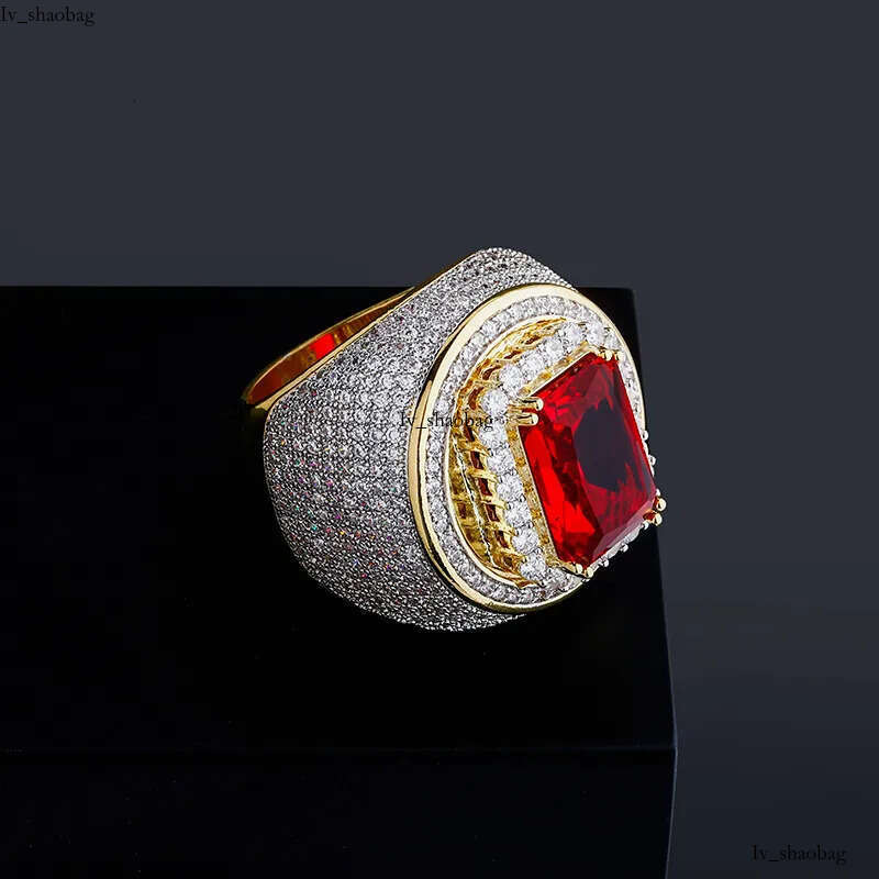 Luxurious Men's Gold Hip Hop Ring Jewelry Featuring Sparkling Dias and Rubies 825 aaa