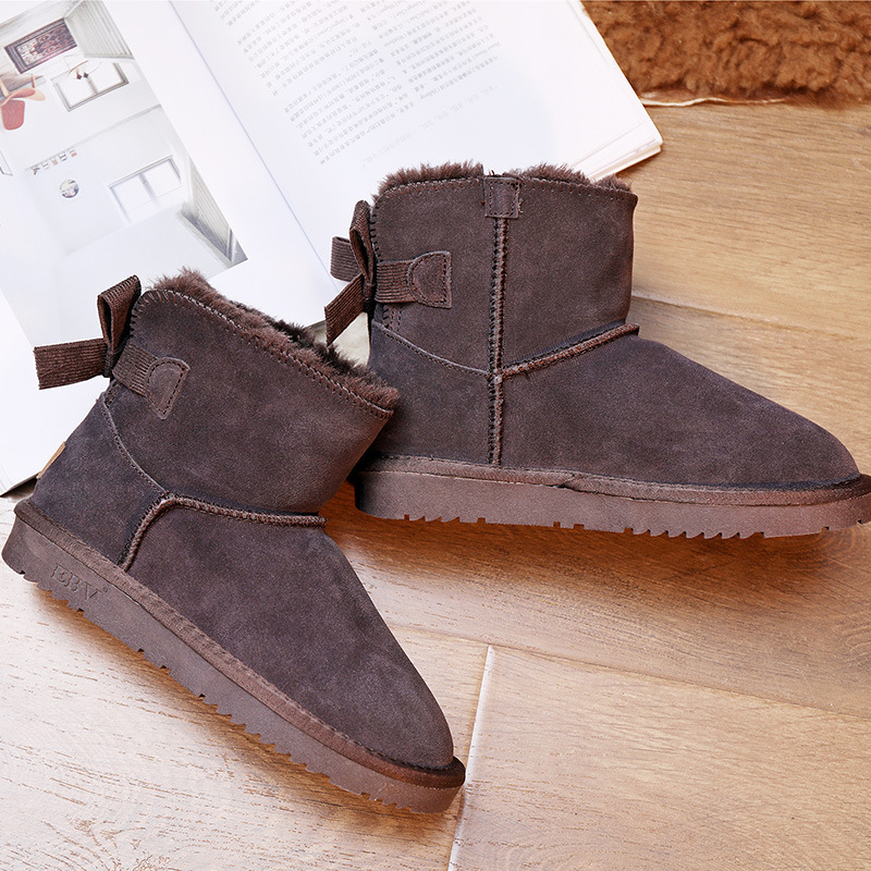 EBV designer shoes hot free shipping High quality cowhide bow snow boots genuine leather keep warm outdoor non slip thick cotton shoes for woman black