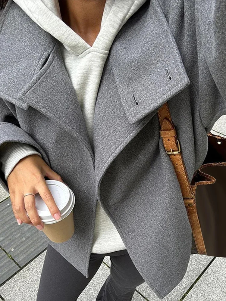 Woolen Dark Blue Jacket Women 2025 Autumn Single Breasted Stand Collar Loose Female Coat Office Lady Street Short Outwear Tops 251029