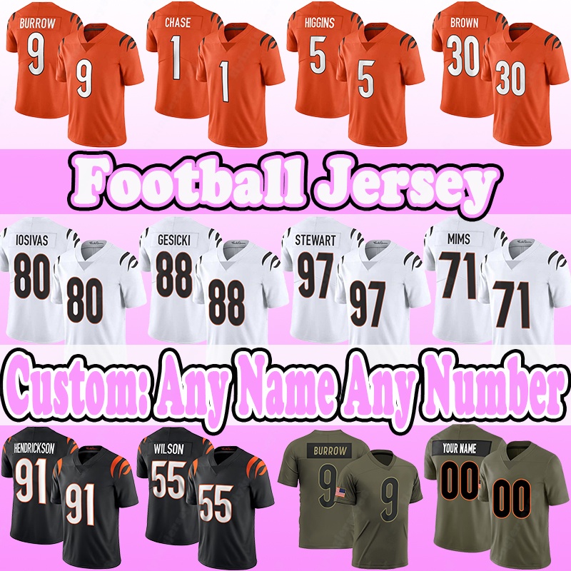 1 Ja'Marr Chase Football Jerseys 9 Joe Burrow 5 Tee Higgins 91 Trey Hendrickson 30 Chase 80 Andrei Iosivas 88 Gesicki 97 Shemar Stewart 71 Amarius Mims 55 Logan Ted Karras